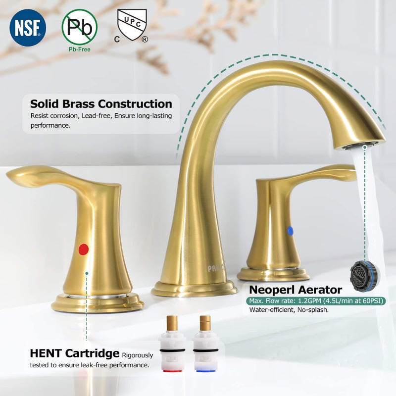 PARLOS Widespread Bathroom Faucet 2 Handles with Pop Up Sink Drain and cUPC Faucet Supply Lines, Brushed Gold, Demeter 1364708 - Image 2